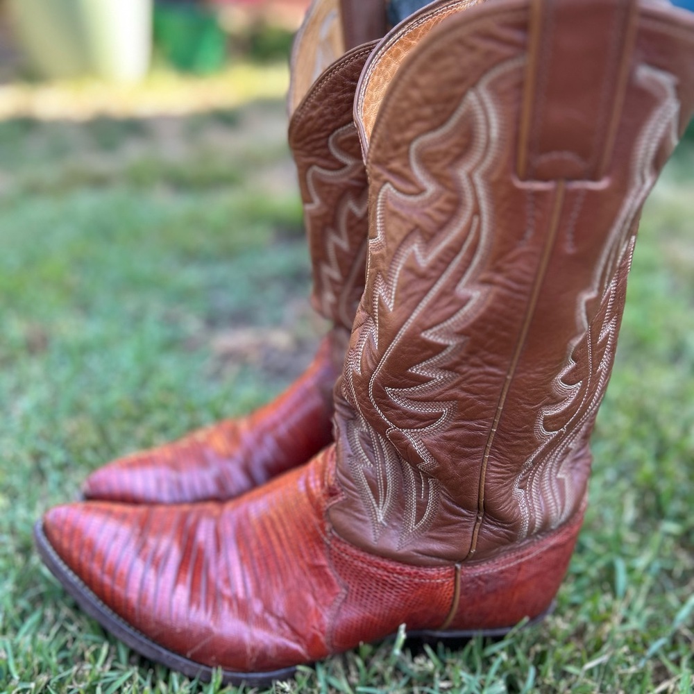 Justin Boots Brown and Rust Lizard Cowboy Boots